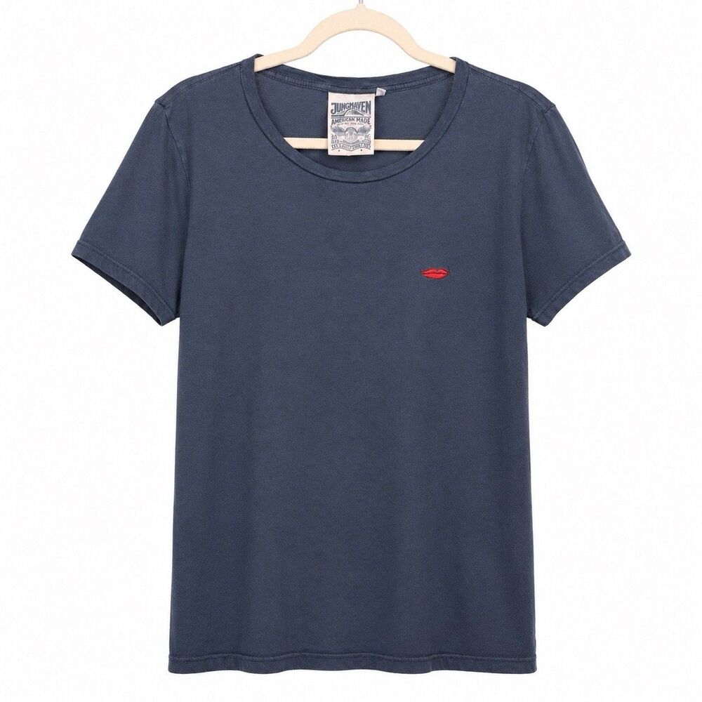 Jungmaven Ojai Short Sleeve Tee Women Blue Red Lips Organic Cotton L Made USA